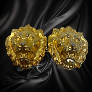 Vtg 1980's Accessocraft NYC Lion Face Gold Tone 2 Pc Belt Buckle Couture Mogul